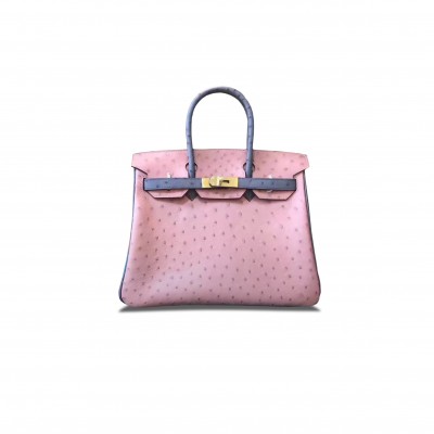 HERMÈS MASTER BIRKIN 25 OSTRICH LEATHER CERAMIC PINK AND IRIS PURPLEGOLD BUCKLE H041944CK57 (25*20*13cm)